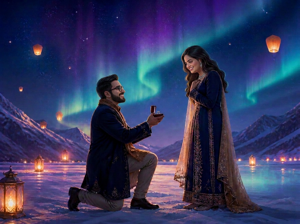 Illustration of Neelabhro kneeling on one knee to propose to Nikita on a snowy plain beneath the Northern Lights