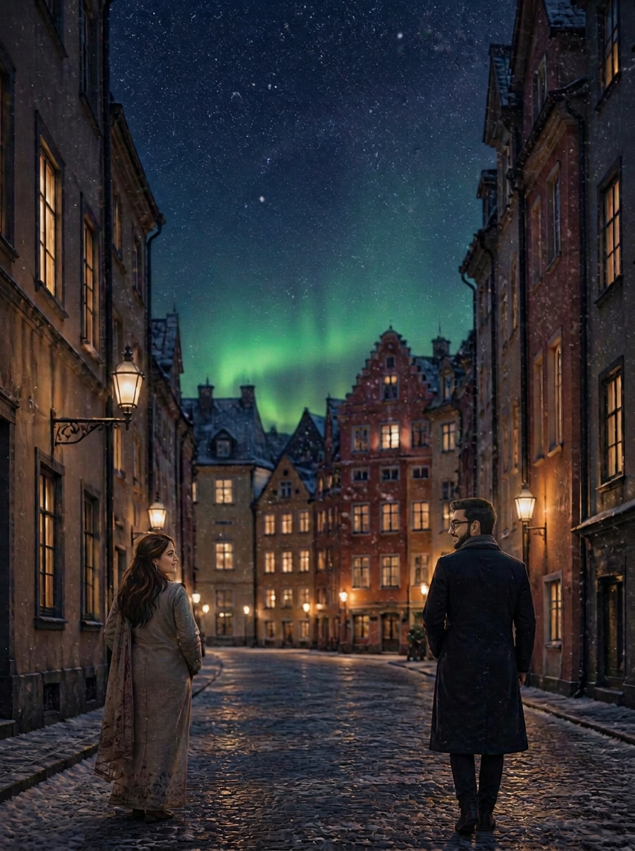 Nikita and Neelabhro on a snowy, lamplit Stockholm street beneath a faint green glow in the sky